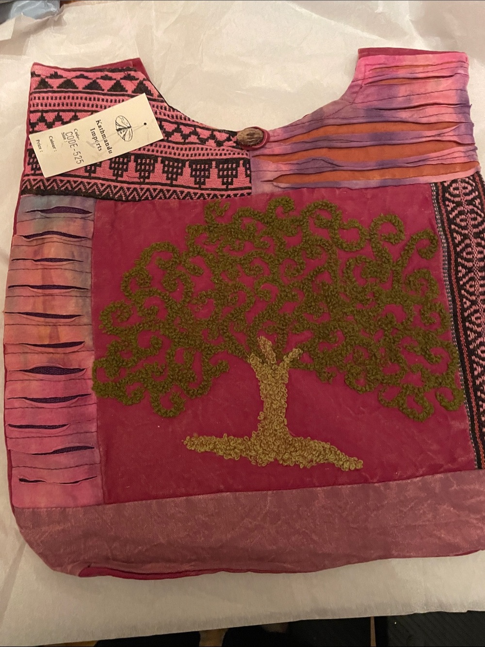 Hand-Embroidered Pink Tree Tote Bag